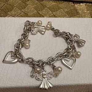 Silver Charm Bracelet with Hearts and Angels